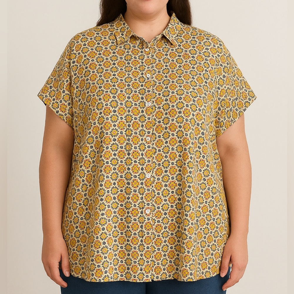 Jane & Delaney Floral Short-Sleeve Top Yellow Button-Up Top Size XL